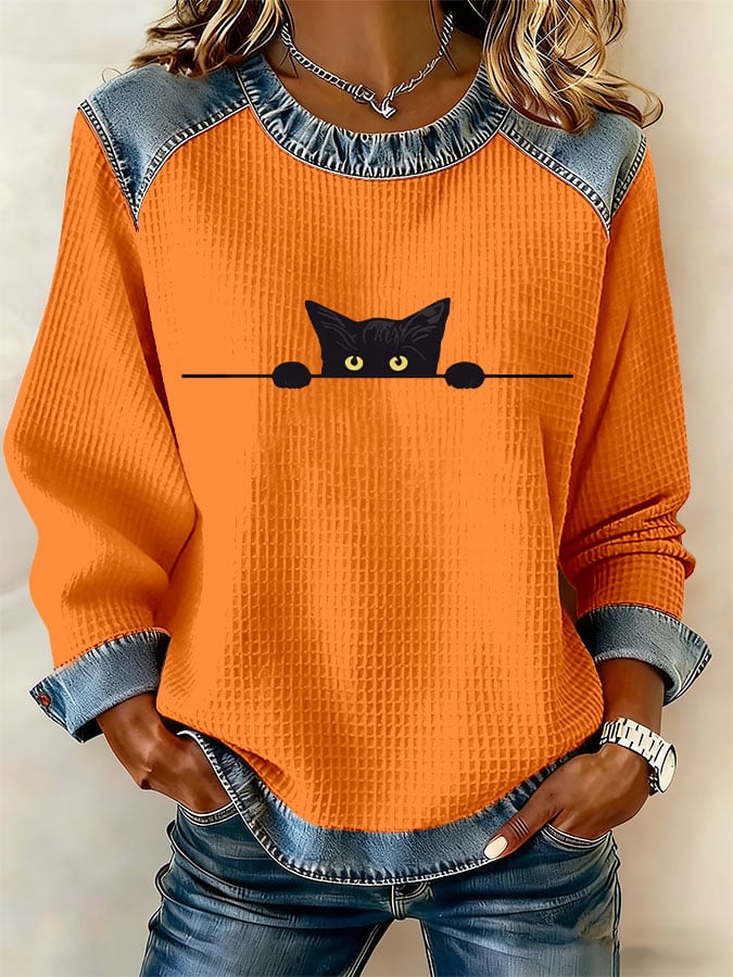 Women's Retro Cat Print Sweatshirt