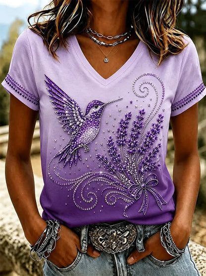 Women's Purple Floral Hummingbird Hot Drill Gradient Print T-shirt