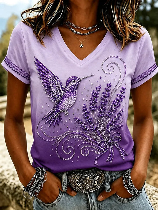 Women's Purple Floral Hummingbird Hot Drill Gradient Print T-shirt