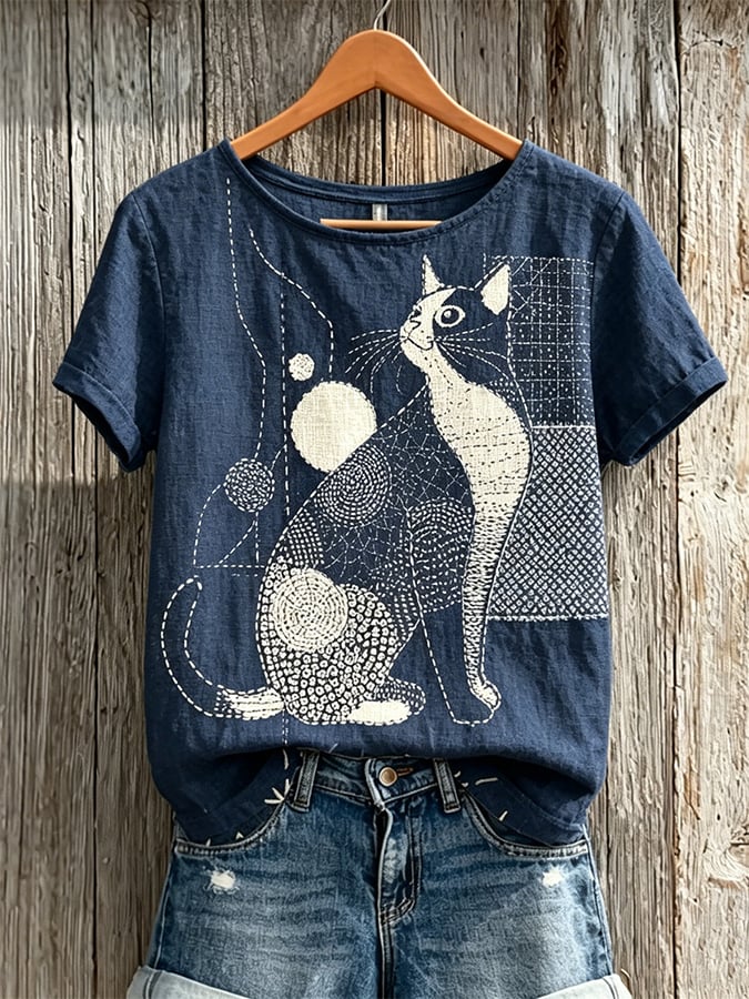 Women's Cute Cat Art Print Casual T-shirt