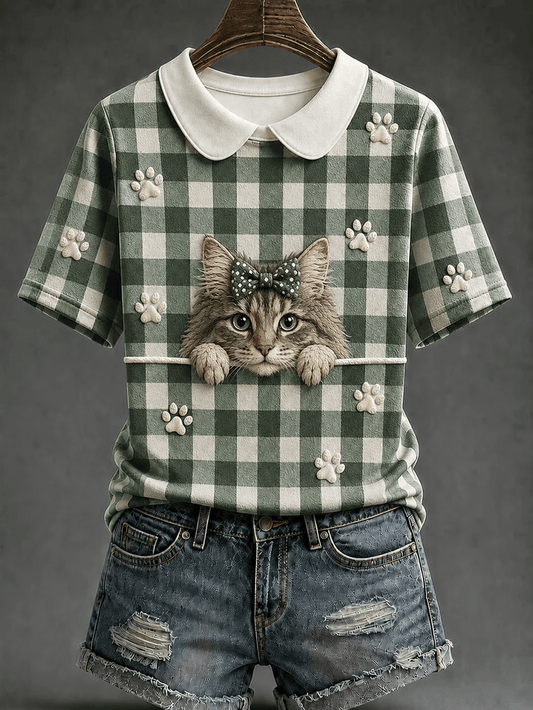 Women's Maine Coon Cat Plaid T-Shirt