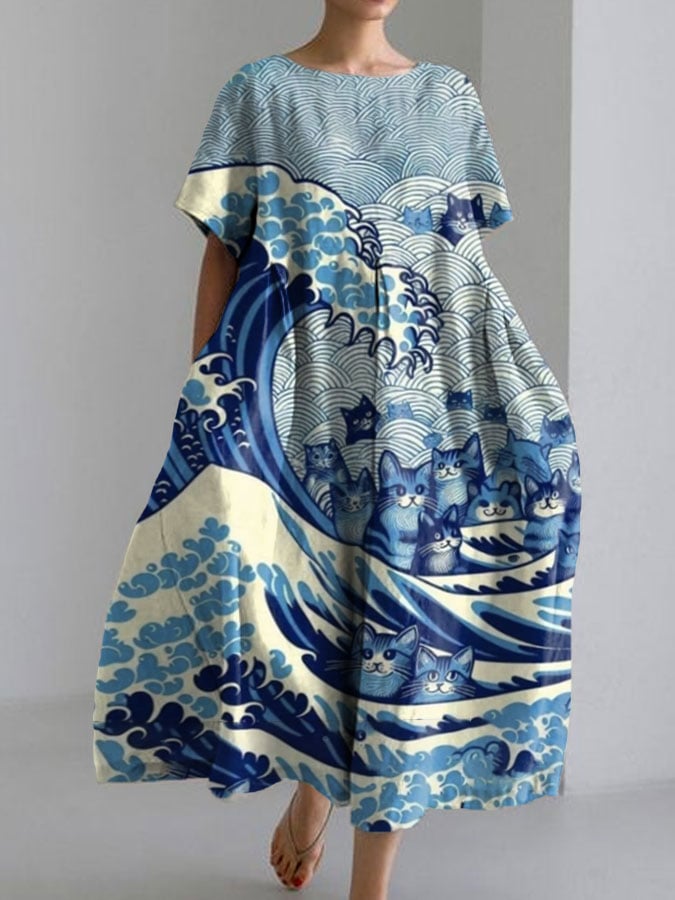 Women's Blue Waves&Cats Print Casual Dress