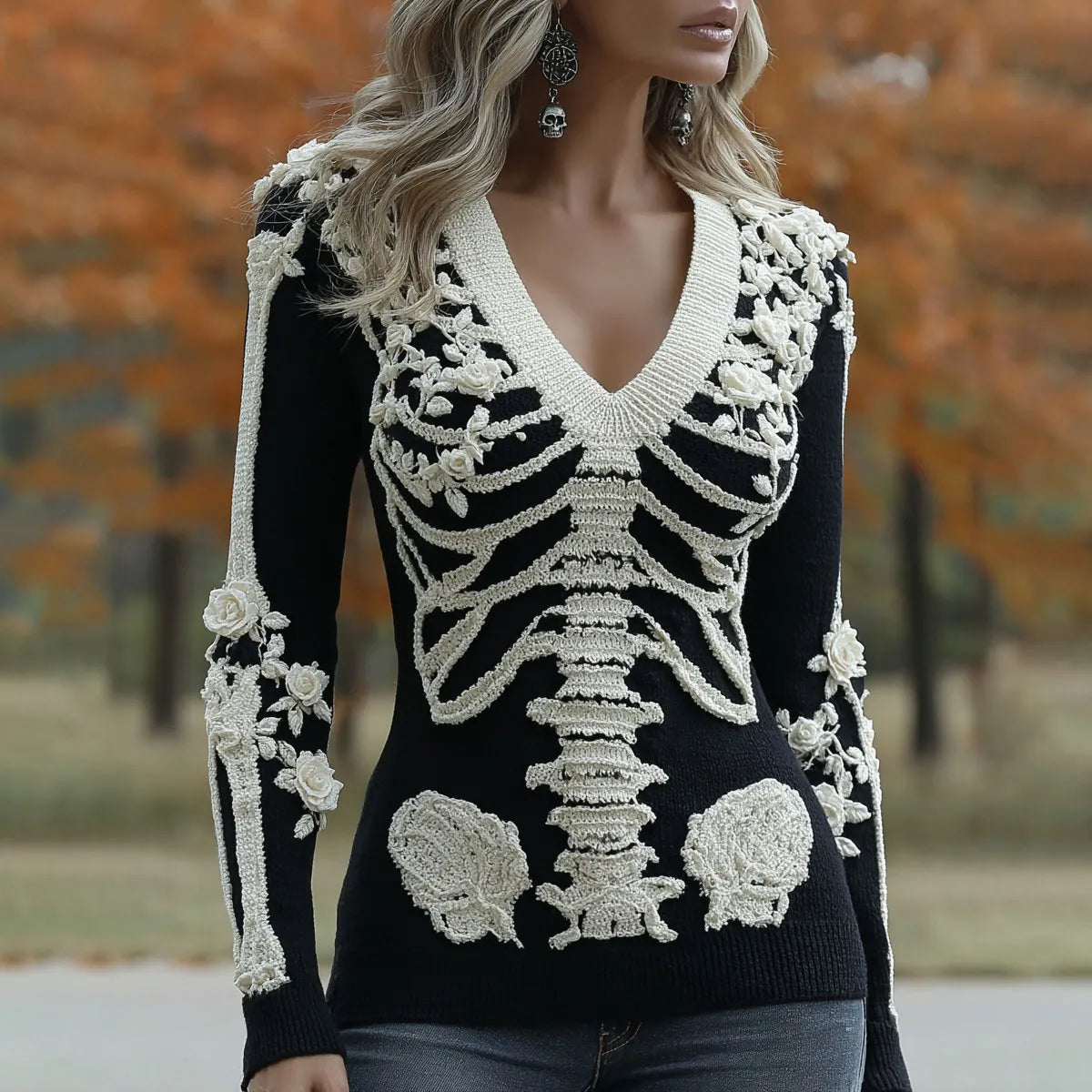 Women's Halloween Skeleton Bones With Roses And Skull Art Casual Long Sleeve V Neck Sweater