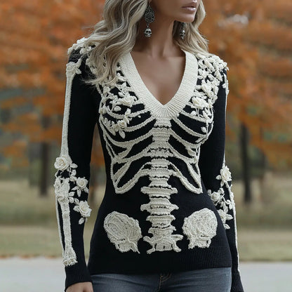 Women's Halloween Skeleton Bones With Roses And Skull Art Casual Long Sleeve V Neck Sweater