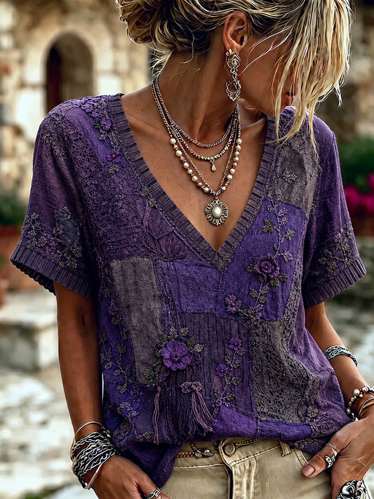 Women's Vintage Floral Patchwork Art V Neck Short Sleeve T-shirt