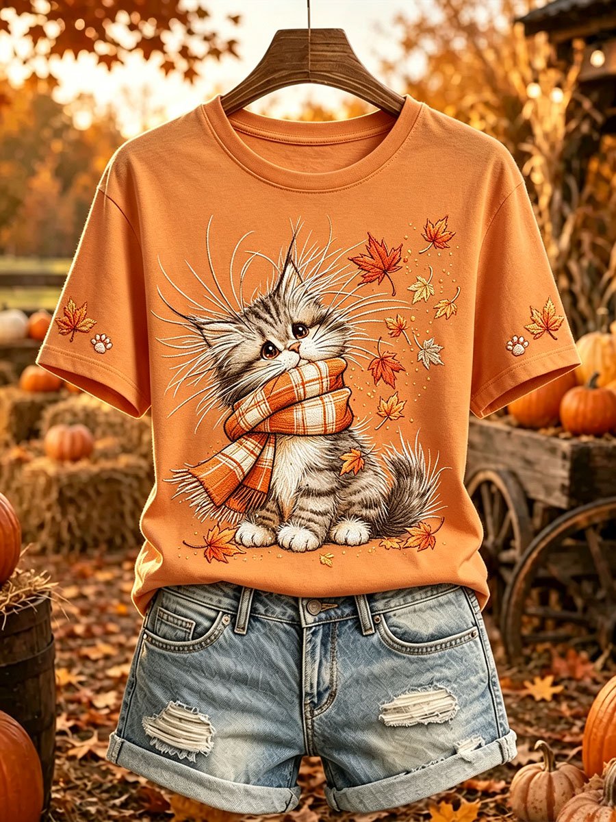Women's Autumn Scarf Cat T-shirt