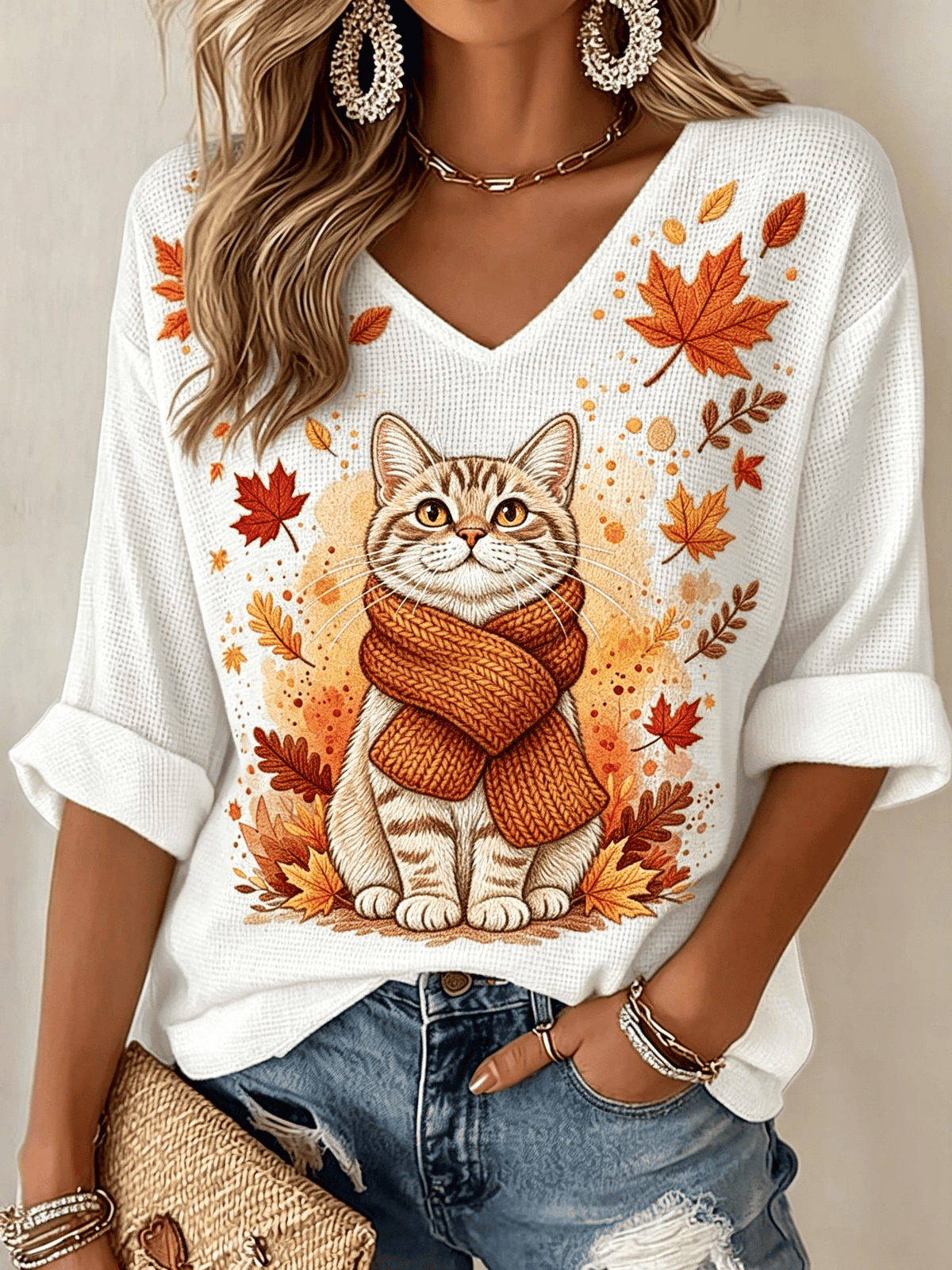 Women's Autumn Cat Print Waffle Casual T-Shirt