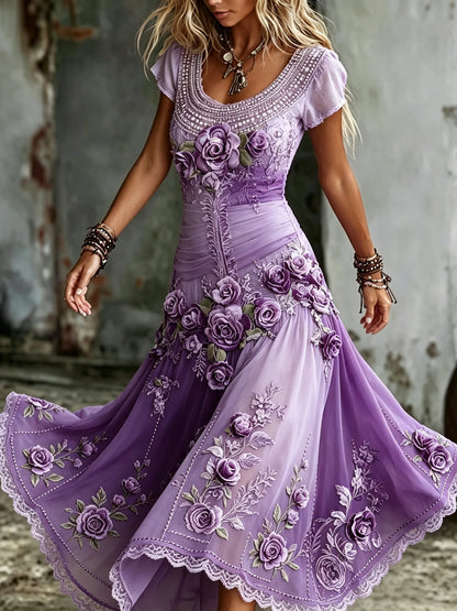 Women's Vintage Purple Rose Embroidered Art Crew Neck Short Sleeve Maxi Dress
