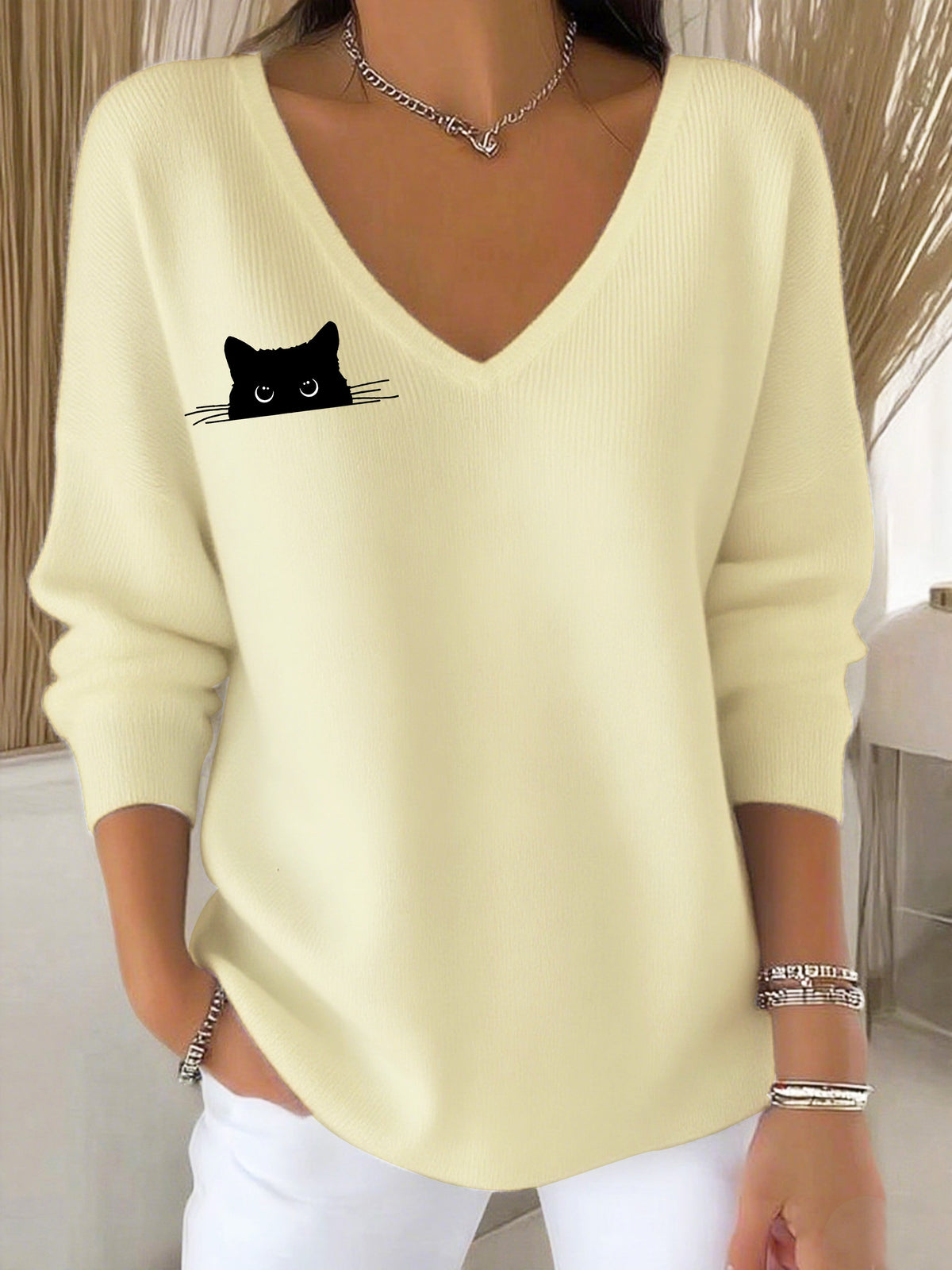 Women's Autumn Cute Black Cat Print Casual Top