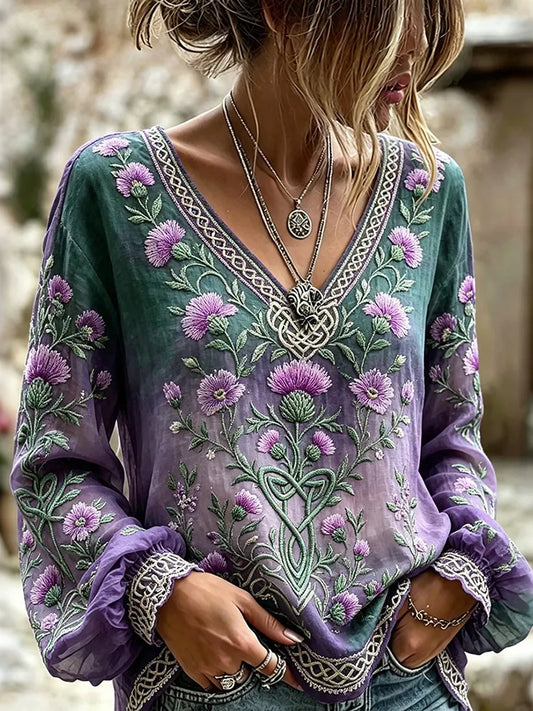 Women's Cottish Thistle Embroidery Print Alzheimer's Awareness T-shirt