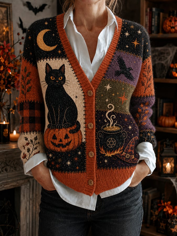 Women's Casual Halloween-Print Knit Cardigan