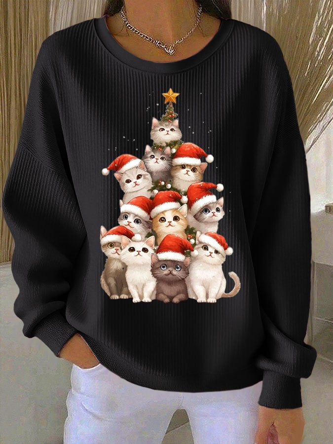 Women's Christmas Cat Print Knit Crew Neck Long Sleeve Top