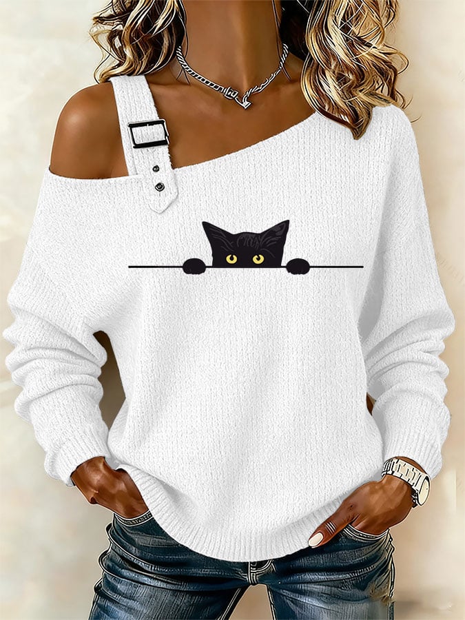 Women's Cute Cat Print Off-Shoulder Knit Top