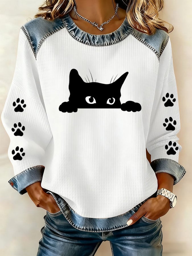 Women's Cute Black Cat Print T-shirt