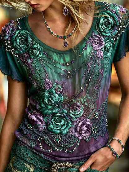 Women's Bohemian Rose Floral Embroidery Sequin Lace Print Short-sleeve Top