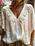 Women's Retro Breast Cancer Floral Print Long-Sleeved Top