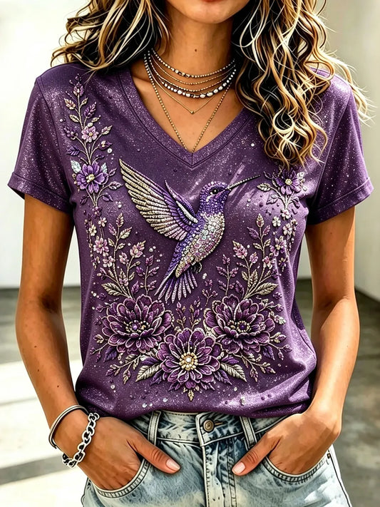 Women's Vintage Floral & Hummingbird Embroidery Art V Neck Short Sleeve Casual T-shirt