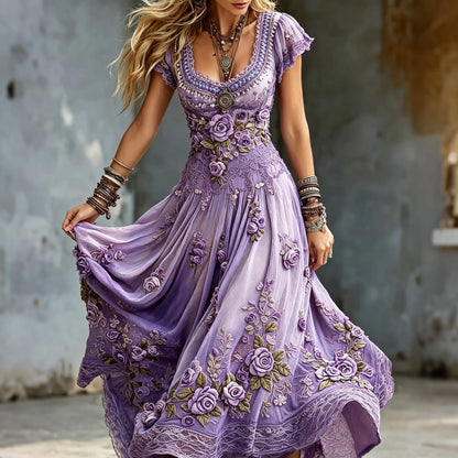 Women's Vintage Purple Floral Art Cotton Linen Short Sleeve Dress