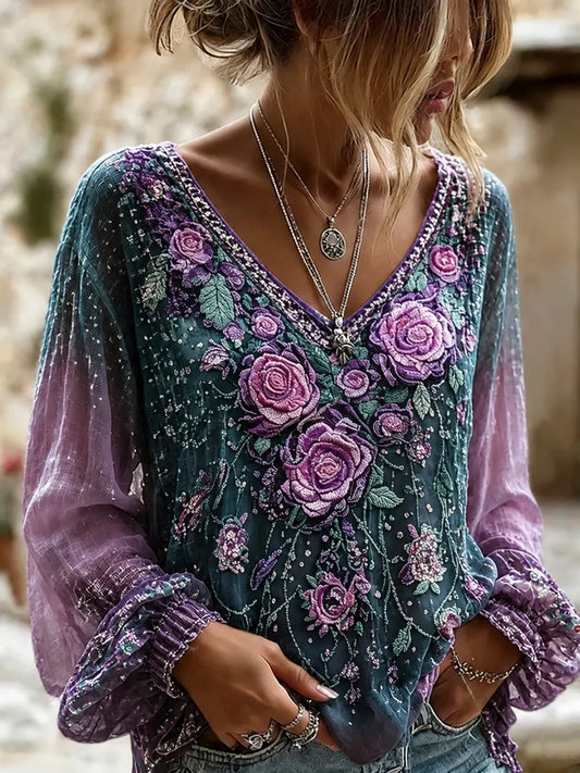 Women's Retro Boho Purple Floral Art Cotton Linen V Neck T-shirt