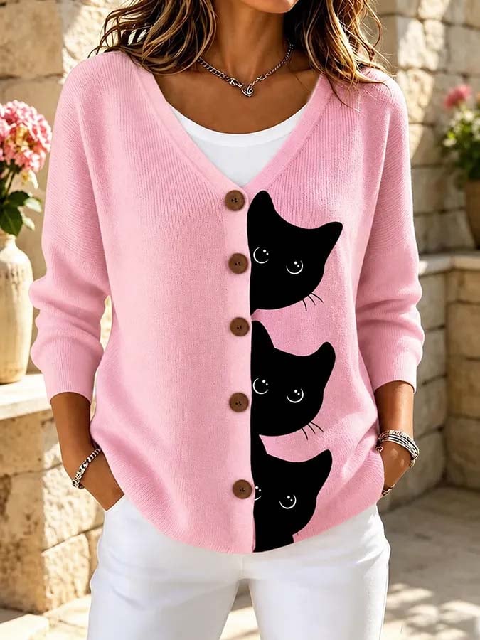 Women'S Cat-Print Knit Top
