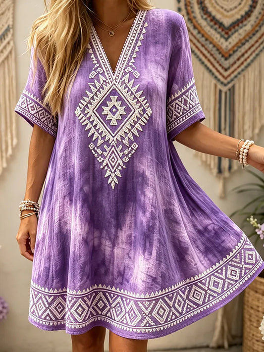 Women's Purple V-neck Short-sleeved Casual Mini Dress, Decorated With Geometric Tribal And Diamond Patterns.