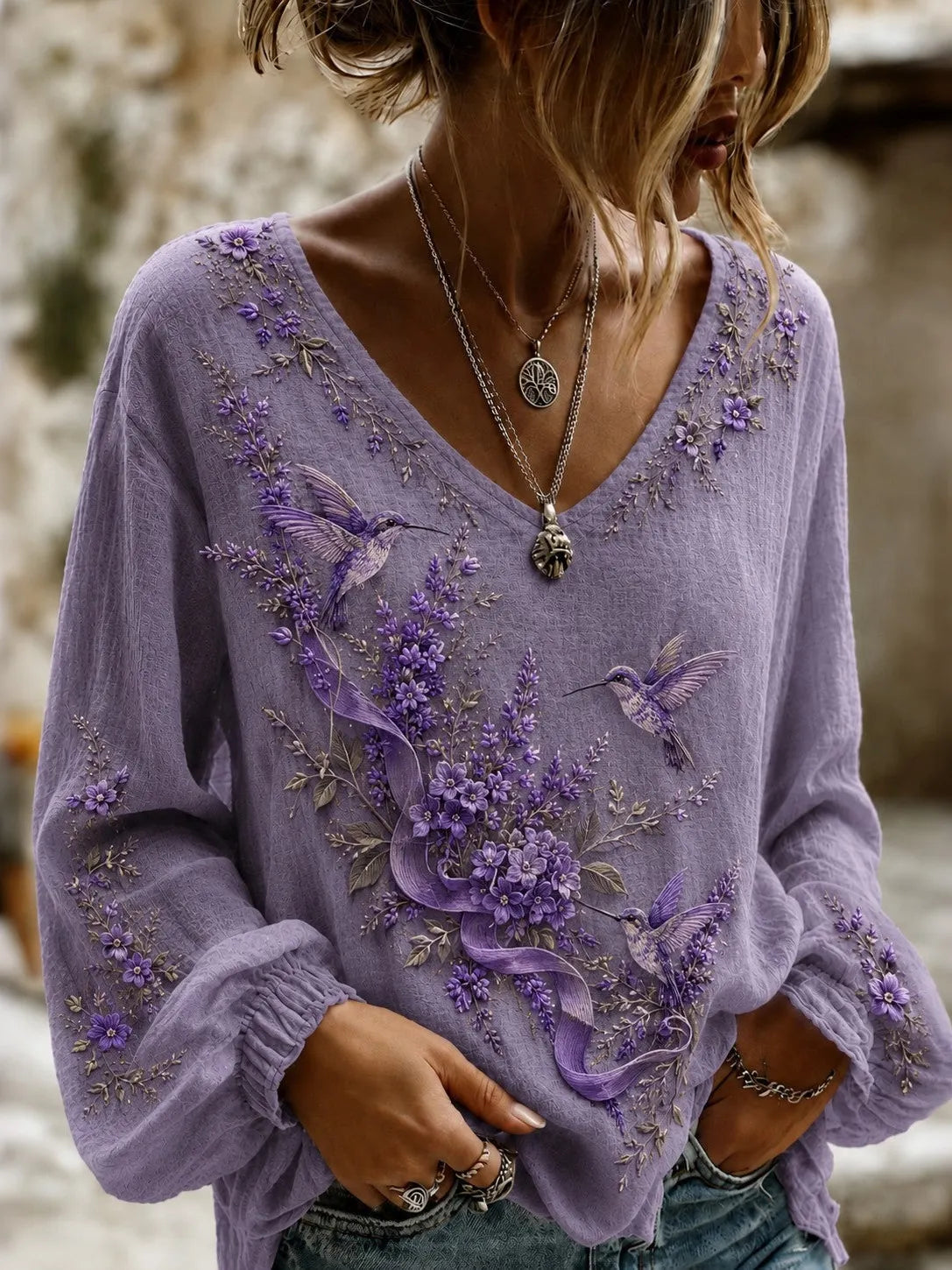 Women's Purple Floral And Hummingbird Alzheimer's Disease Awareness Print Cotton And Linen Shirt