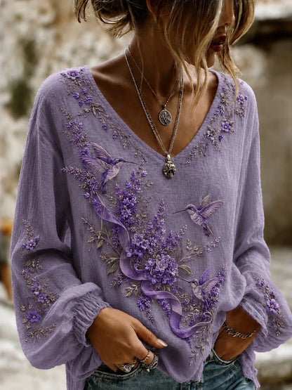 Women's Purple Floral And Hummingbird Alzheimer's Disease Awareness Print Cotton And Linen Shirt