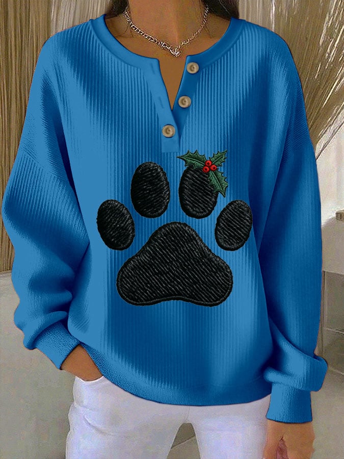 Women's Paw Print Knitted Crew Neck Long Sleeve Top
