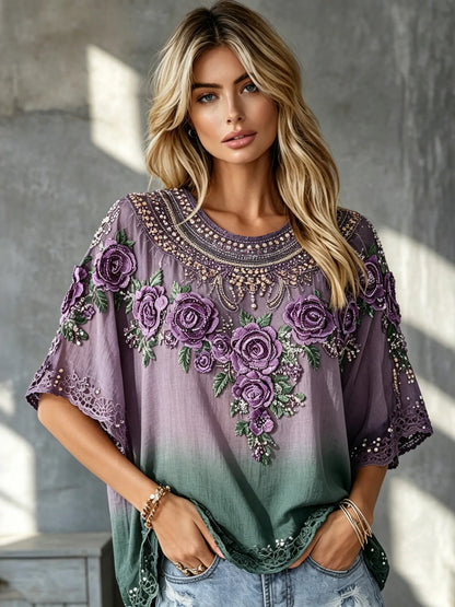 Vintage Classy Purple Floral Art Flowy Linen Blend Three Quarter Sleeves T-shirt
