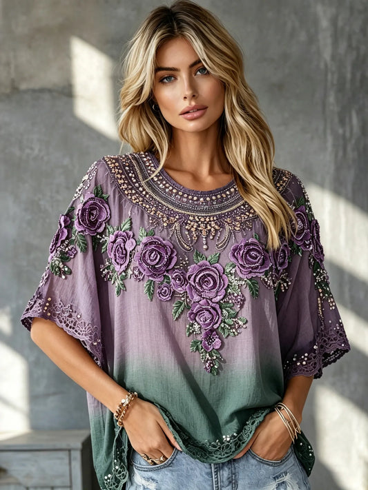 Vintage Classy Purple Floral Art Flowy Linen Blend Three Quarter Sleeves T-shirt