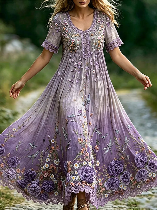 Women's Vintage Purple Floral And Dragonfly Art Cotton Linen V-neck Short Sleeve Dress