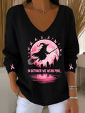 I Wear Pink Breast Cancer Awareness Print Long Sleeve T-Shirt in October
