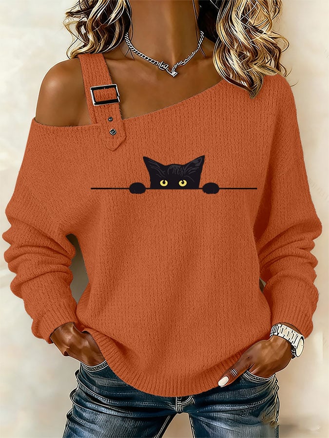 Women's Cute Cat Print Off-Shoulder Knit Top