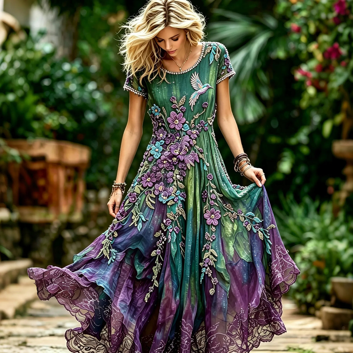 Women's Vintage Classy Purple Floral & Hummingbird Print Alzheimer's Awareness Casual Round Neck Dress
