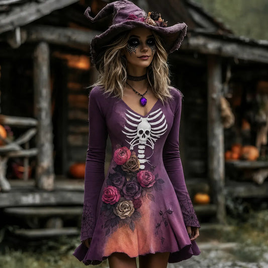 Women's Halloween Rose Skeleton Witch Cosplay Midi Dress