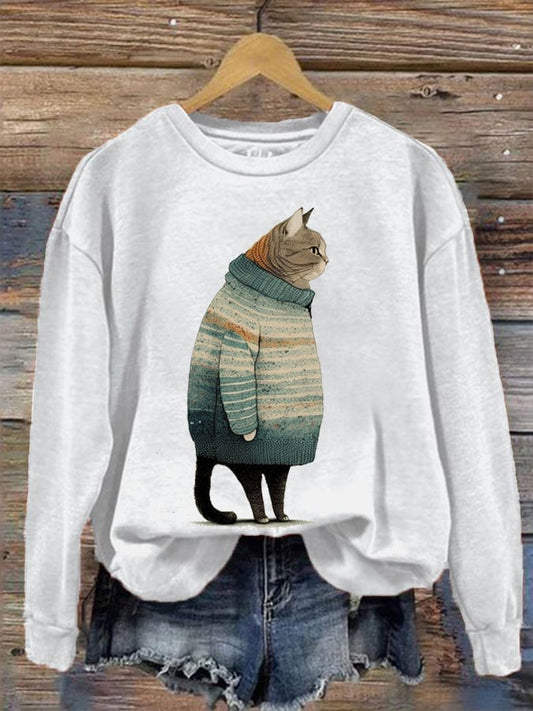 Women's Winter Cat Print Crew Neck Sweatshirt
