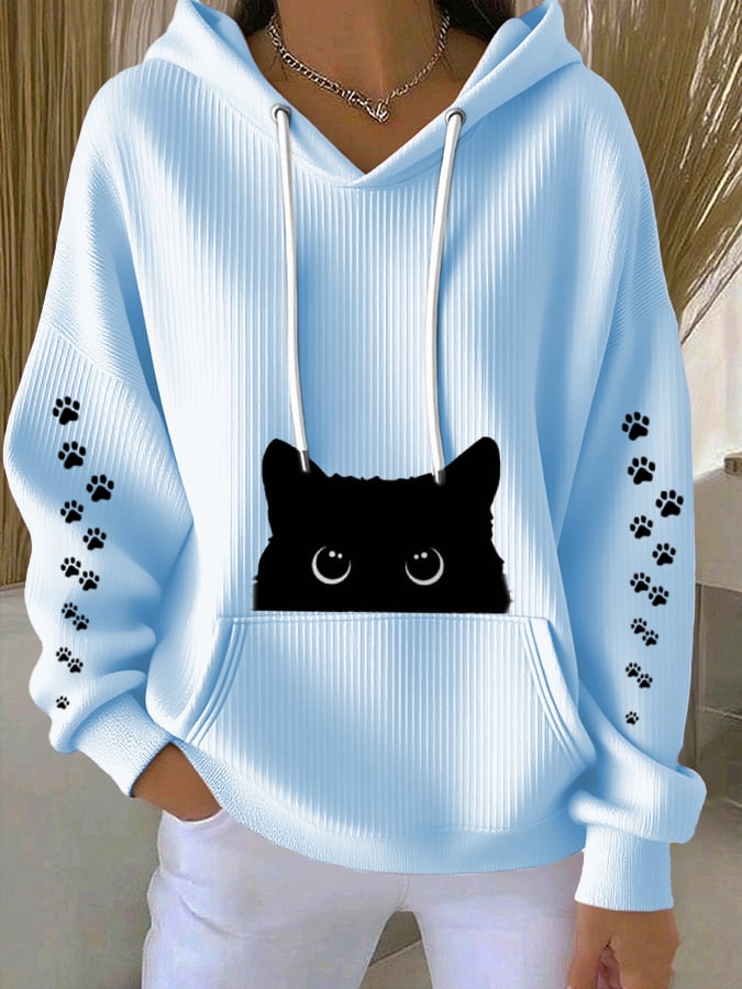 Women's Casual Black Cat Textured Hoodie