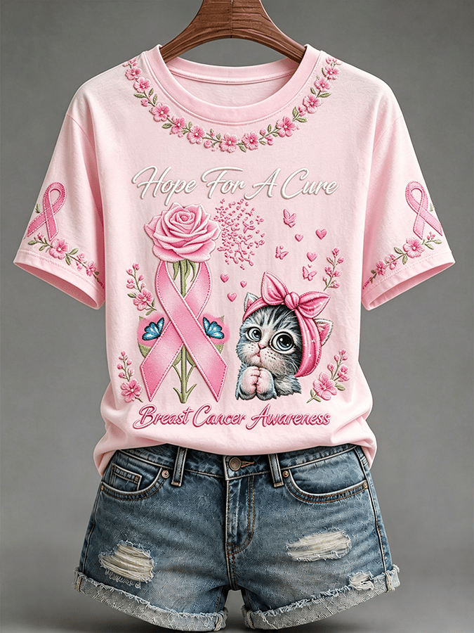 Retro Pink Cat Pattern Casual Short-Sleeved T-Shirt