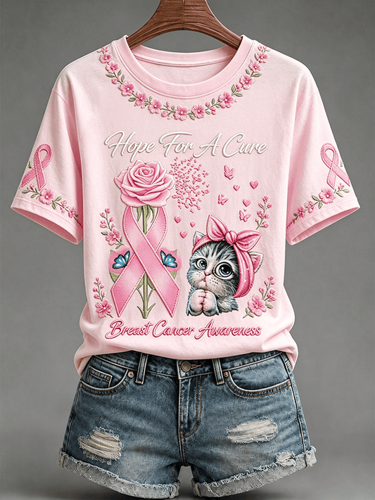 Retro Pink Cat Pattern Casual Short-Sleeved T-Shirt