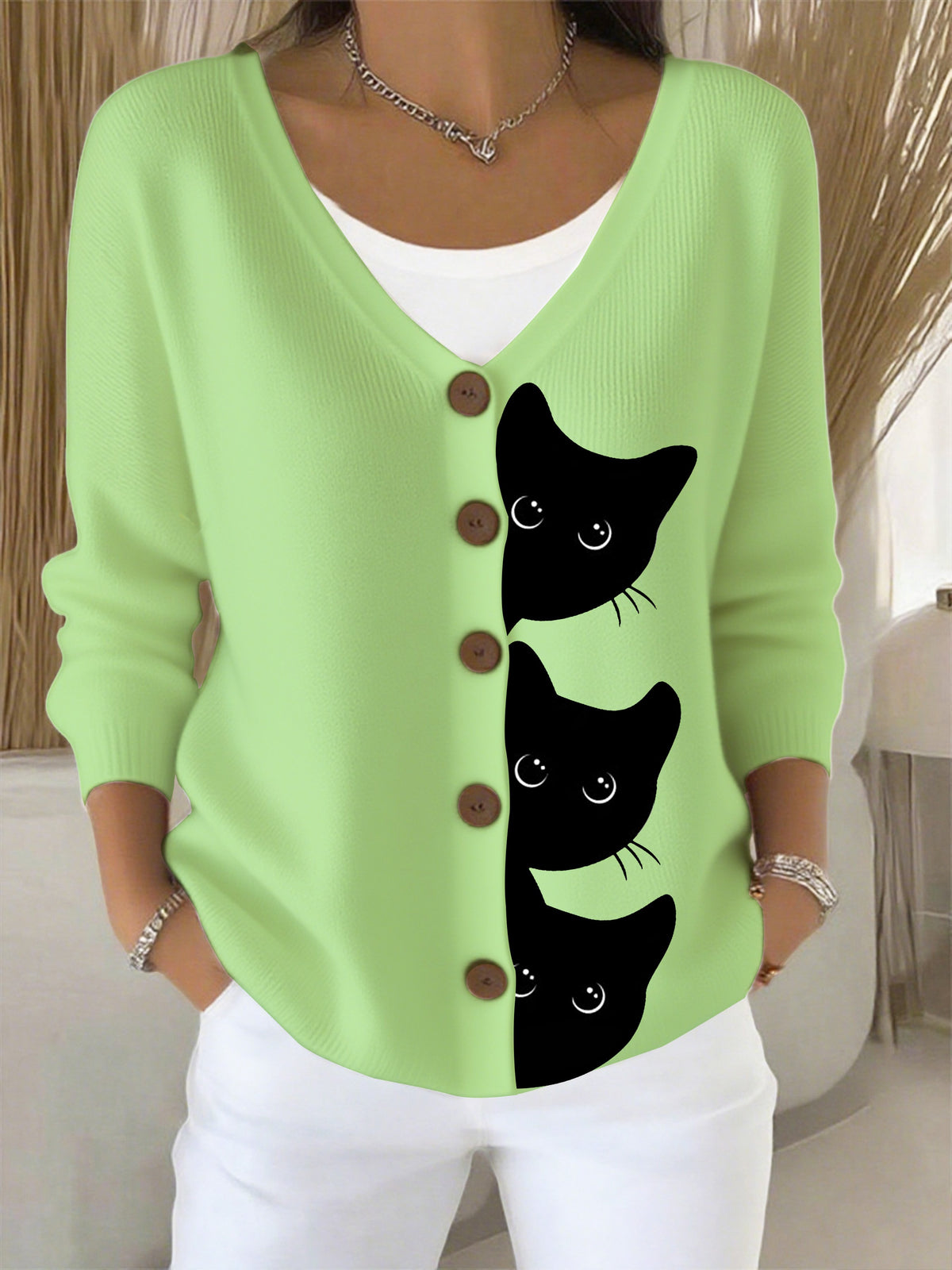 Women's Halloween Fun Black Cat Print Cardigan Sweater