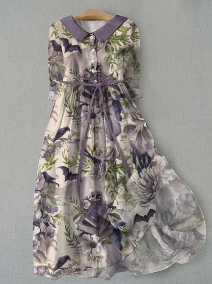 Vintage Halloween Floral Design Print Lace-up Casual Midi Dress