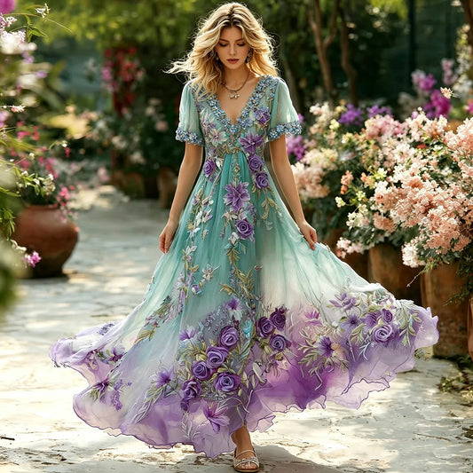 Women's Retro Bohemian Floral Embroidery Pattern Casual V Neck Dress