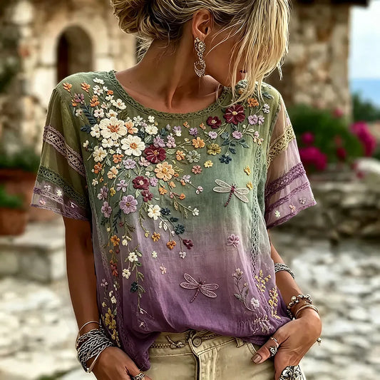 Women's Colorful Patchwork Big-eyed Black Cat And Floral Print Short Sleeve T-shirt
