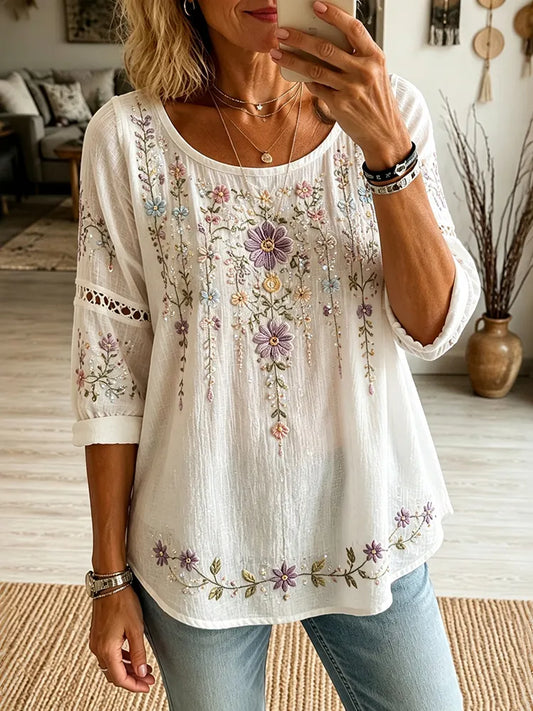 Women's Retro Boho Floral Art Cotton Linen Crew Neck T-shirt