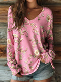 Women's Breast Cancer Awareness Pink Floral Art Print Casual V-Neck Long Sleeve T-Shirt