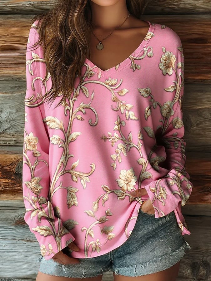 Women's Breast Cancer Awareness Pink Floral Art Print Casual V-Neck Long Sleeve T-Shirt