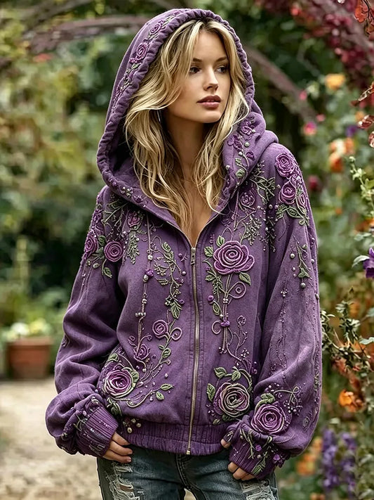 Women's Retro Purple Rose Embroidered Casual Warm Zipper Hoodie