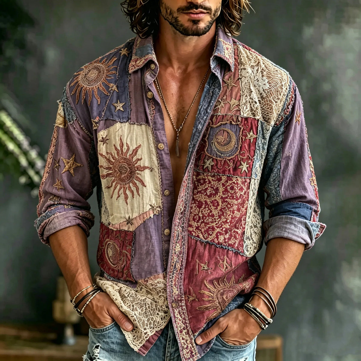 Vintage Distressed Hippie Sun Moon Star Embroidery Patchwork Long Sleeve Shirt