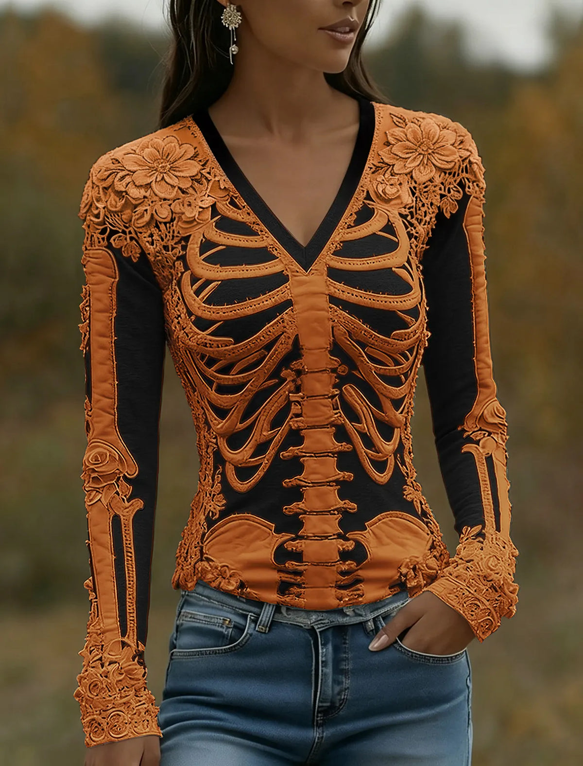 Women's Halloween Skeleton Bones With Roses Art Casual Long Sleeve V Neck T-shirt