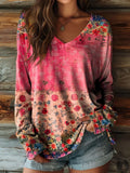 Women's Breast Cancer Awareness Pink Floral Art Print Casual V-Neck Long Sleeve T-Shirt